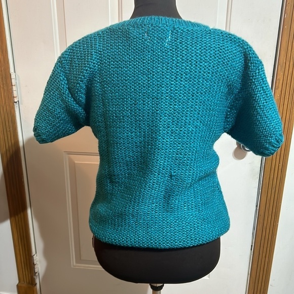 Country Suburbans Hand Knit Teal& Black Diamond Short Sleeve Sweater Size M - Picture 3 of 5
